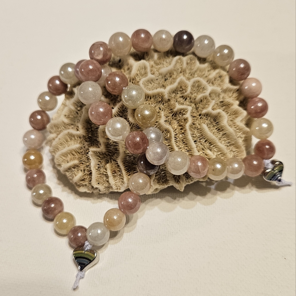 Elegant SUNSTONE Beaded Stretch Bracelet with Colorful Heart Charm ♡ Handmade ♡ - Picture 10 of 10